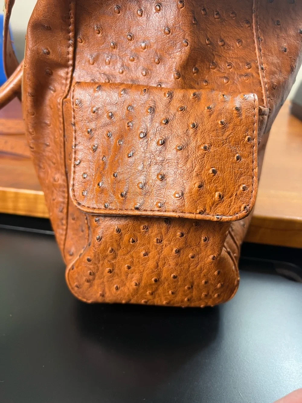 Isabella's Journey caramel brown tote bag‎ faux ostrich embossed leather